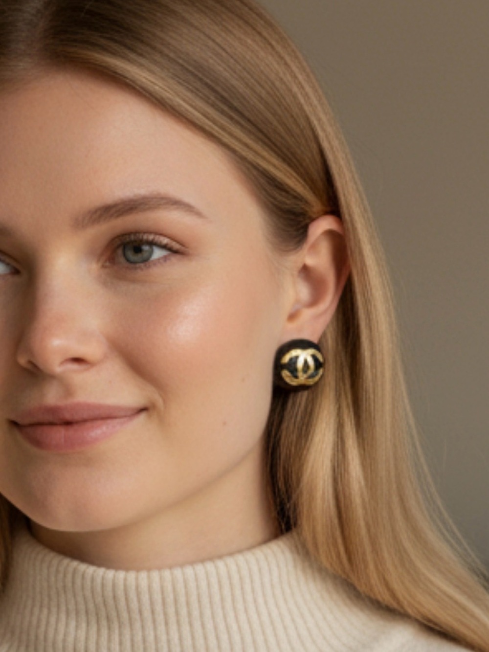 Large Black Gold-Tone Button Stud Earrings